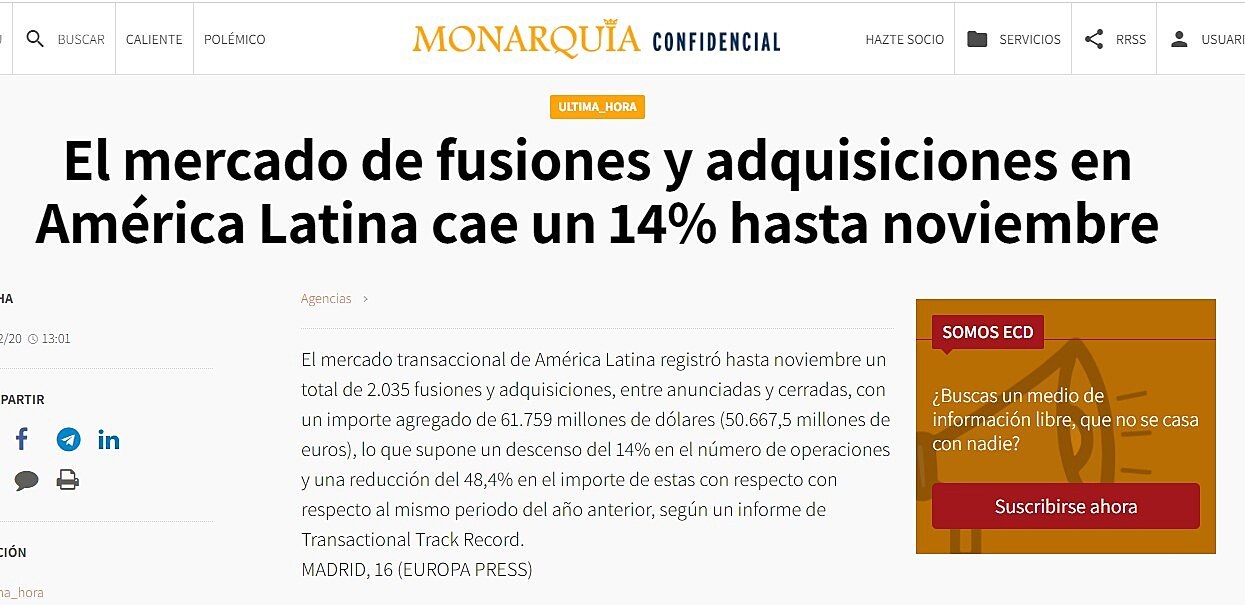 El mercado de fusiones y adquisiciones en Amrica Latina cae un 14% hasta noviembre